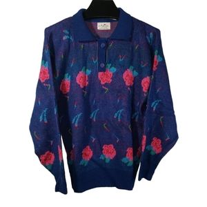 VTG 80s Rose Floral Intarsia Knit Sweater Collared Navy Granny Cottagecore Twee